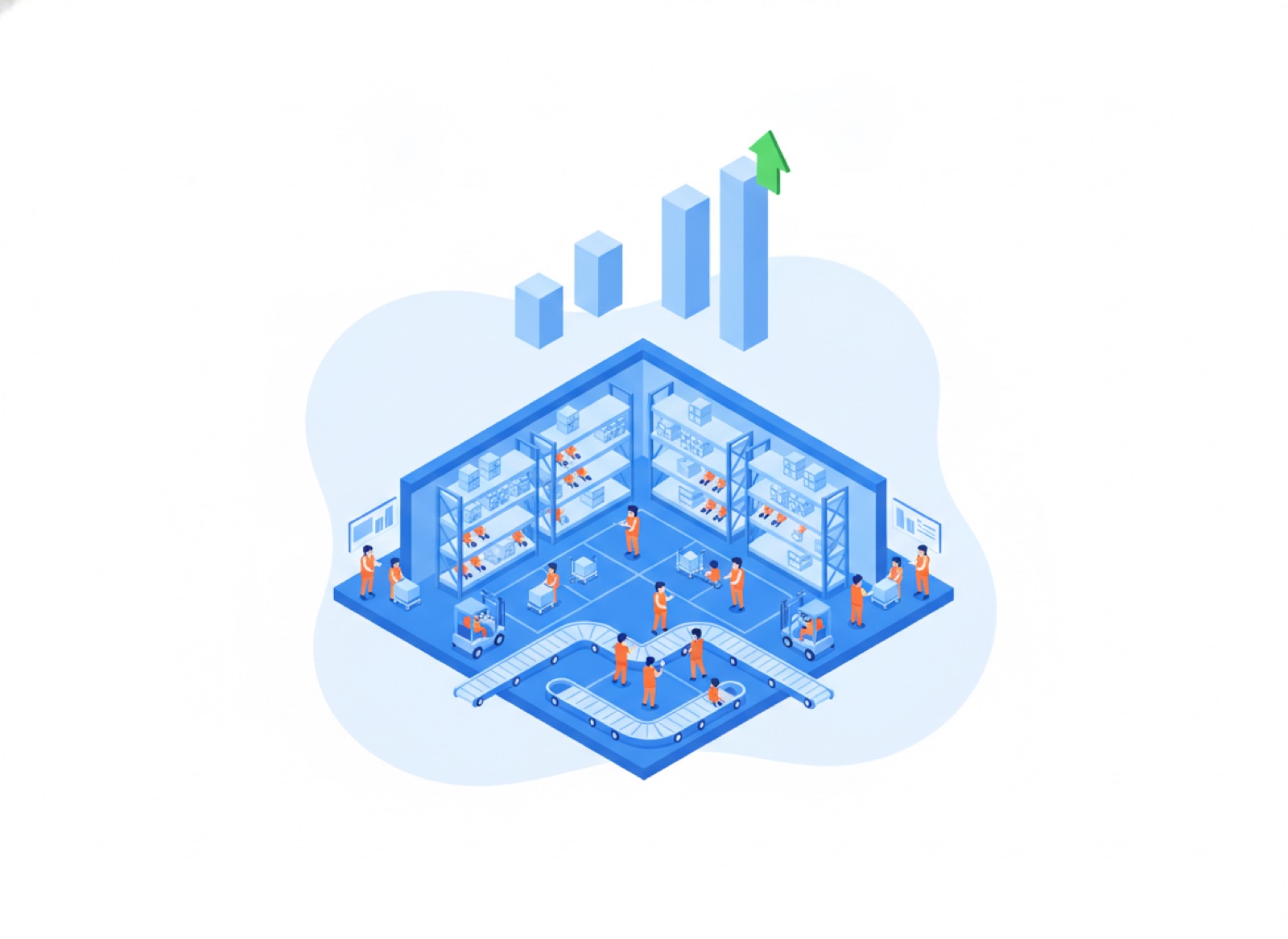 Isometric warehouse simulation with many workers and comparison charts