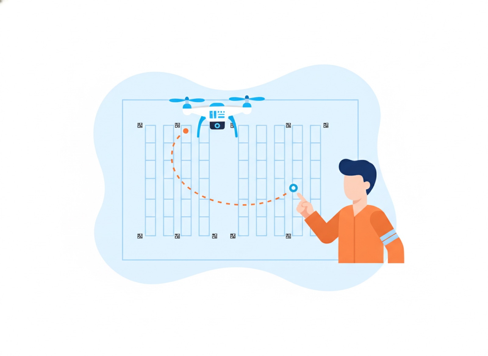 Drone following a flight path over a warehouse floor plan